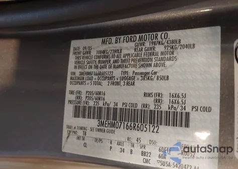 2006 Mercury Milan V6 из США, поврежденный, VIN 3MEHM07166R605122